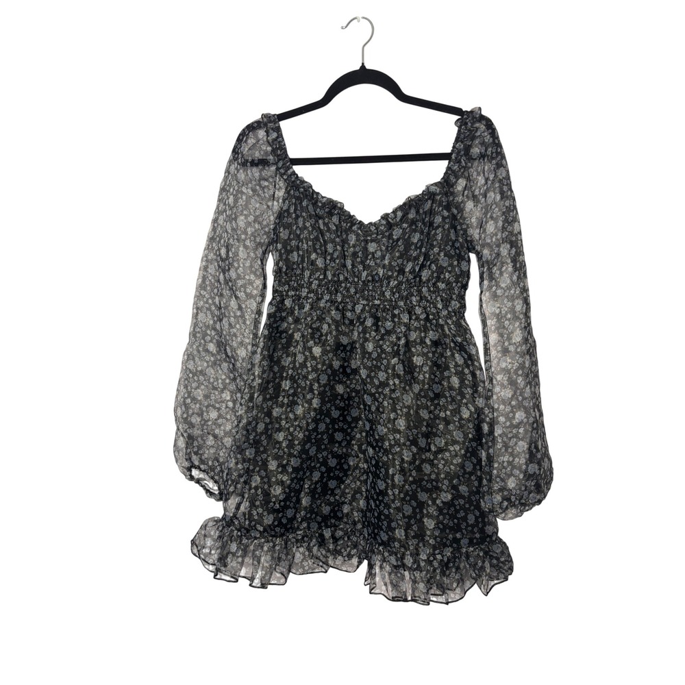 All in Favor Women Mini Dress XS Black Blue Floral Smocked Ruffle‎ Cottagecore